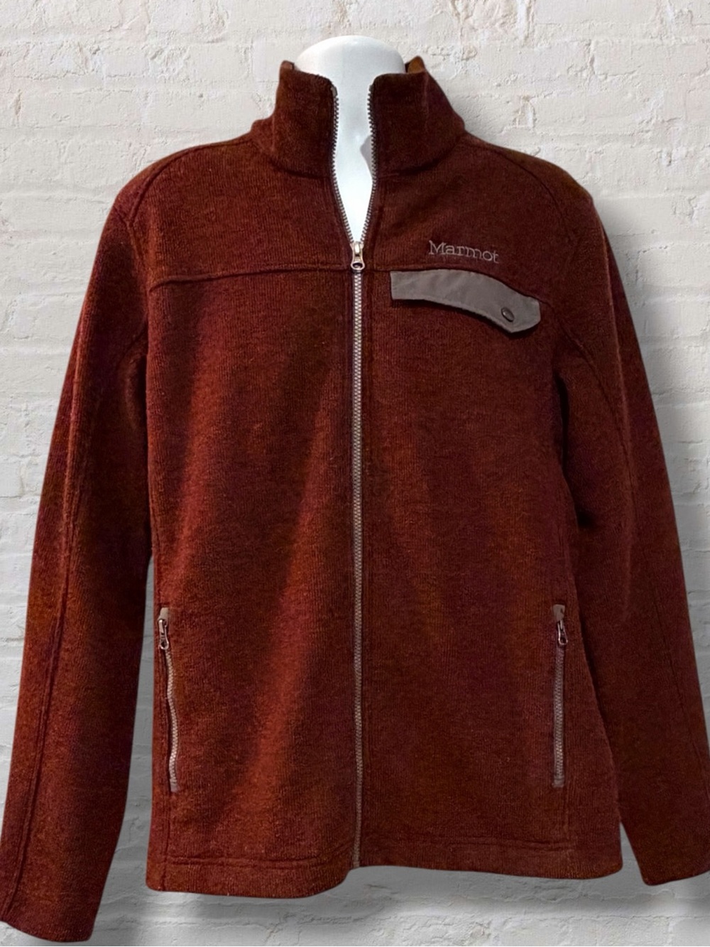 Marmot Men’s Large Rust Sweater Fleece Full Zip Jacket Chest Pocket